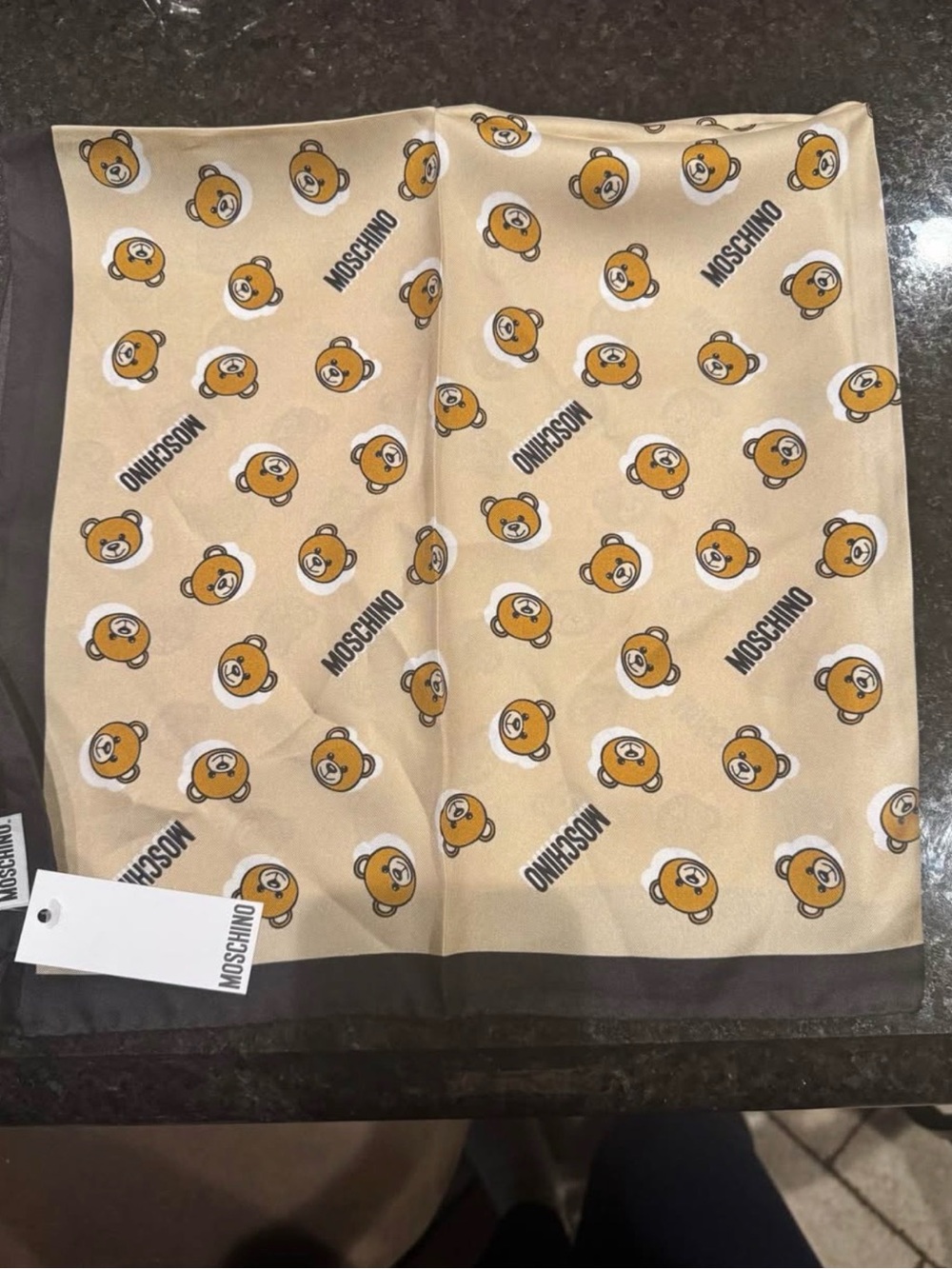 Moschino Black and Beige Teddy Logo Silk Scarf